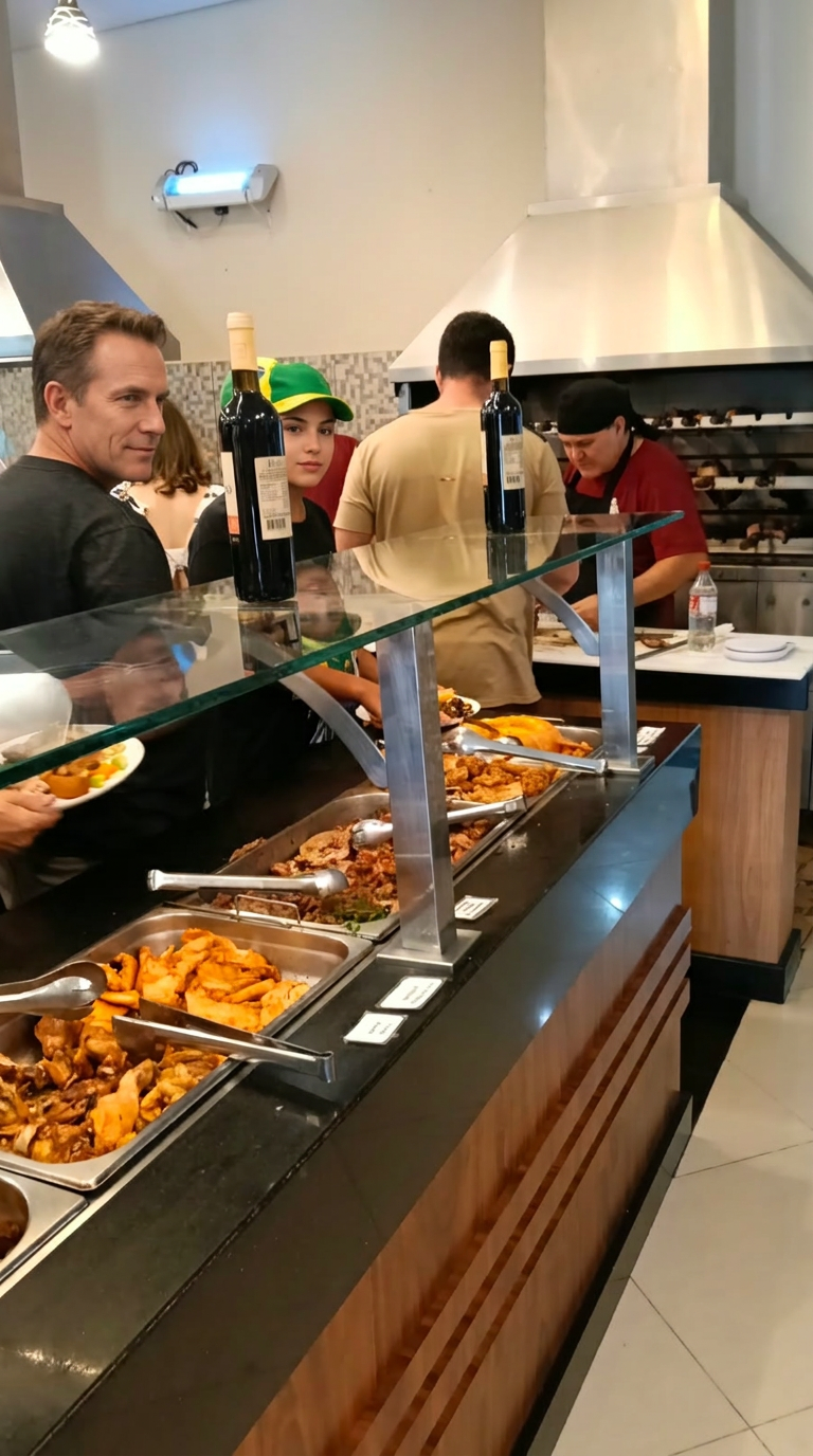 Clientes se servindo no buffet quente da Churrascaria do Ari