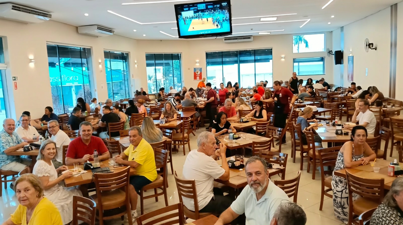 Famílias almoçando no salão da Churrascaria do Ari