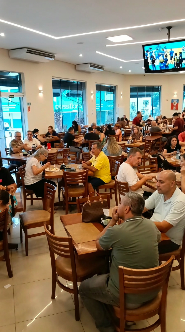 Salão do restaurante com ar-condicionado, TV e luz natural
