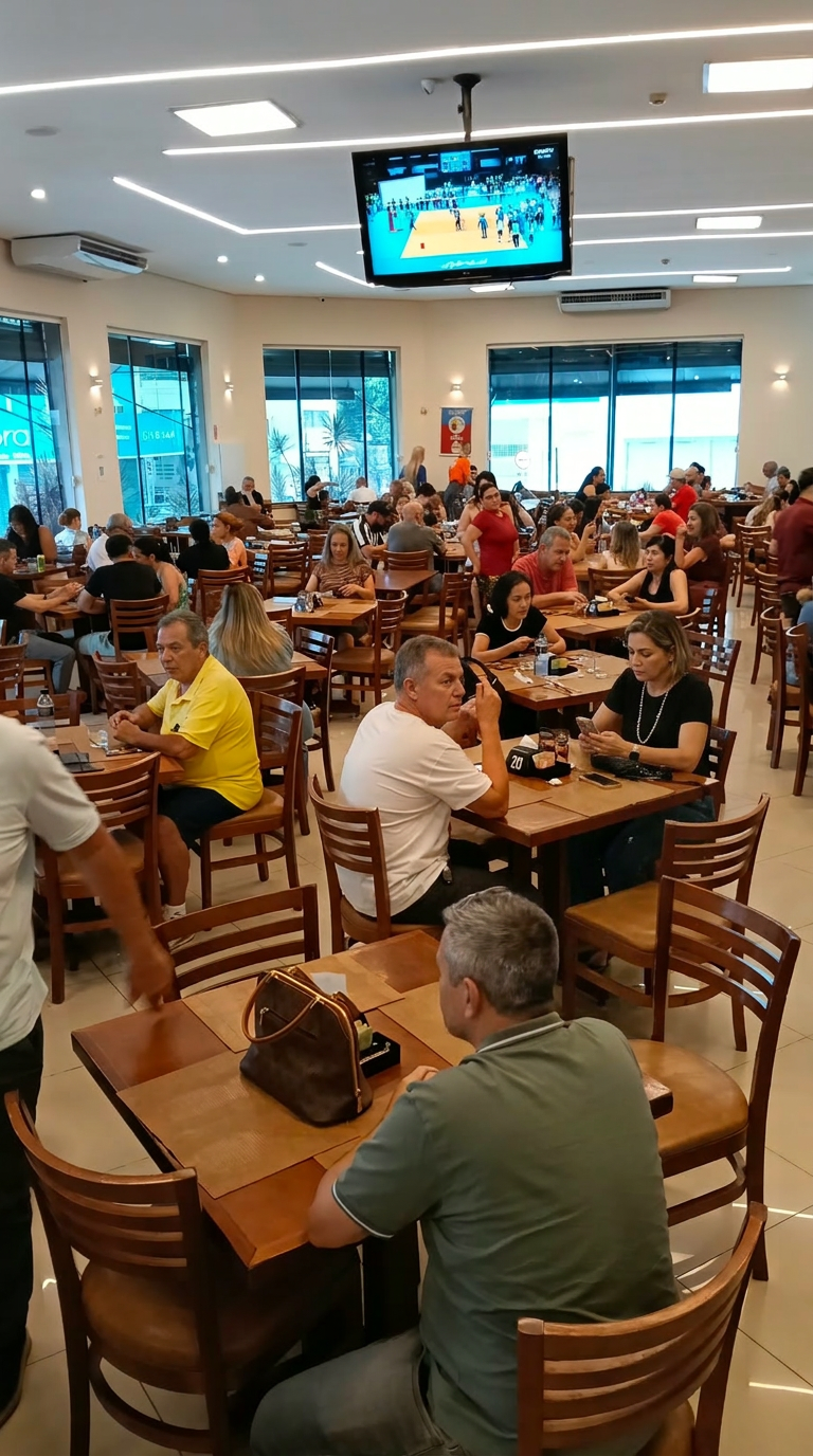 Salão da Churrascaria do Ari com mesas de madeira e janelões de vidro